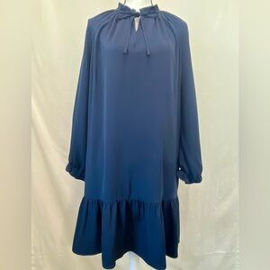 ANN MASHBURN Navy Blue Ruffled Tie Collar  Tiered Dress 100% Silk size Large